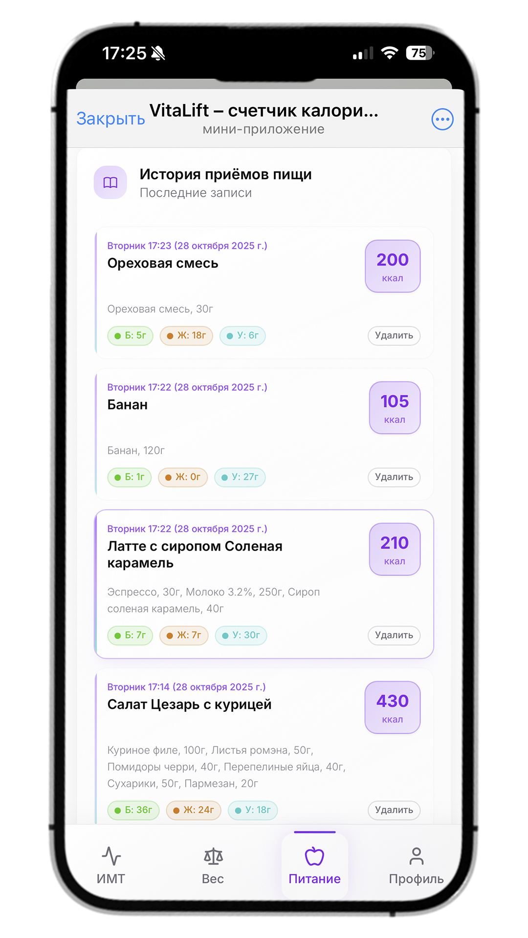 Сводка рациона за день